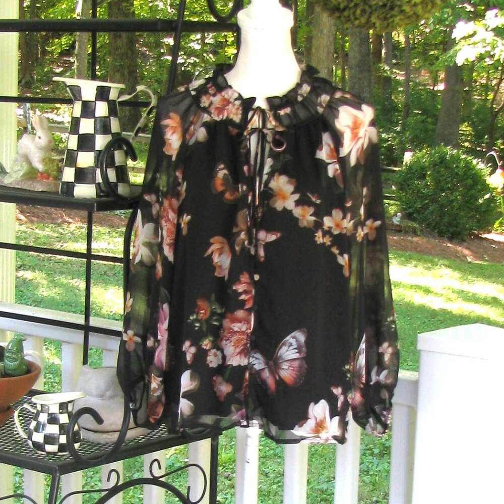 Joie black floral butterfly top shirt blouse Large polyester soft luxury style - Picture 3 of 8